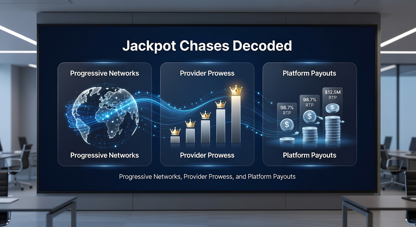 Detaillierte Grafik eines Casino-Providers-Dashboards mit aufsteigenden Jackpot-Balken, Provider-Logos und Auszahlungs-Icons für verschiedene Plattformen