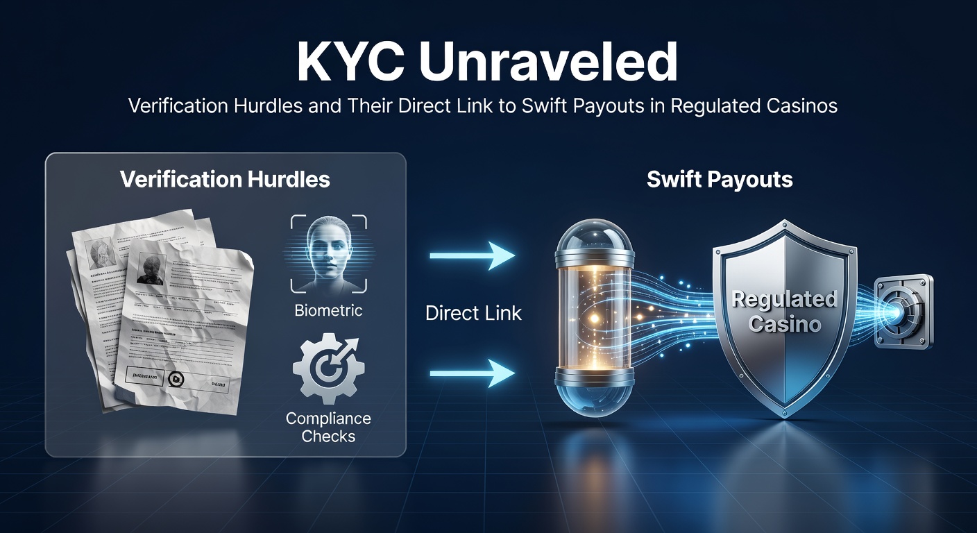 Grafik zeigt den KYC-Verifizierungsprozess mit Schritten von Dokumentenupload bis Freigabe in einem Casino-Interface