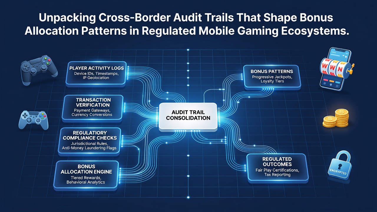 Darstellung grenzüberschreitender Audit-Trails in mobilen Gaming-Plattformen mit Fokus auf Transaktionsprotokolle und Bonuszuweisungen